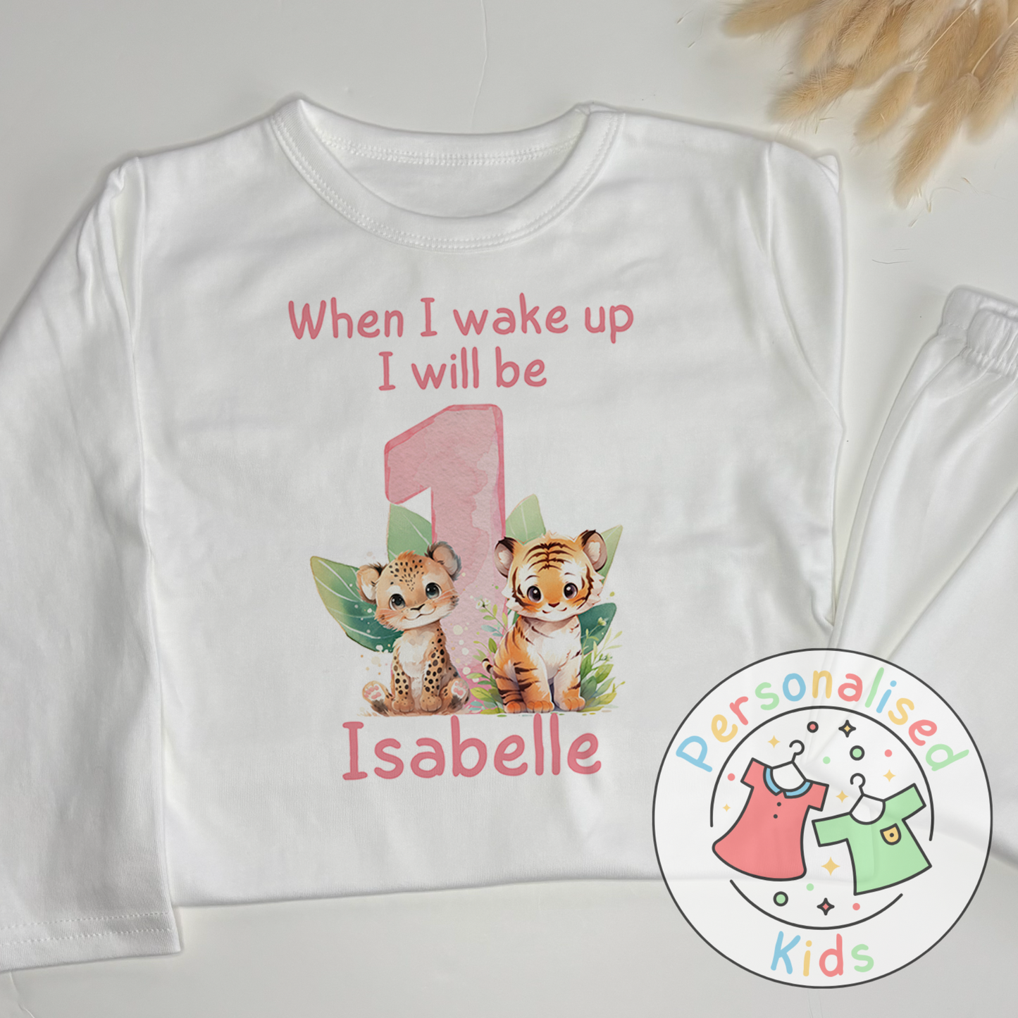 Personalized Safari Animal Birthday Pyjamas – Cute & Comfy for Your Little Explorer! PINK NUMBER