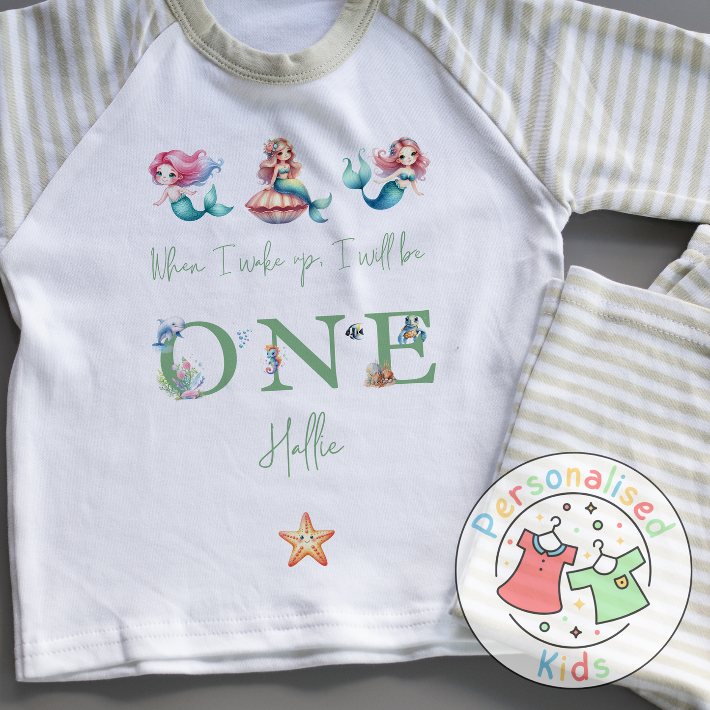 Personalised Mermaid Birthday Pyjamas – “When I Wake Up, I Will Be” Design GREEN WORD