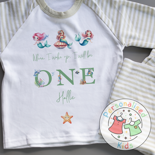 Personalised Mermaid Birthday Pyjamas – “When I Wake Up, I Will Be” Design GREEN WORD