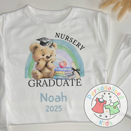 Personalised “GRADUATE” Pyjamas – Blue Rainbow & Bear Graduation Design