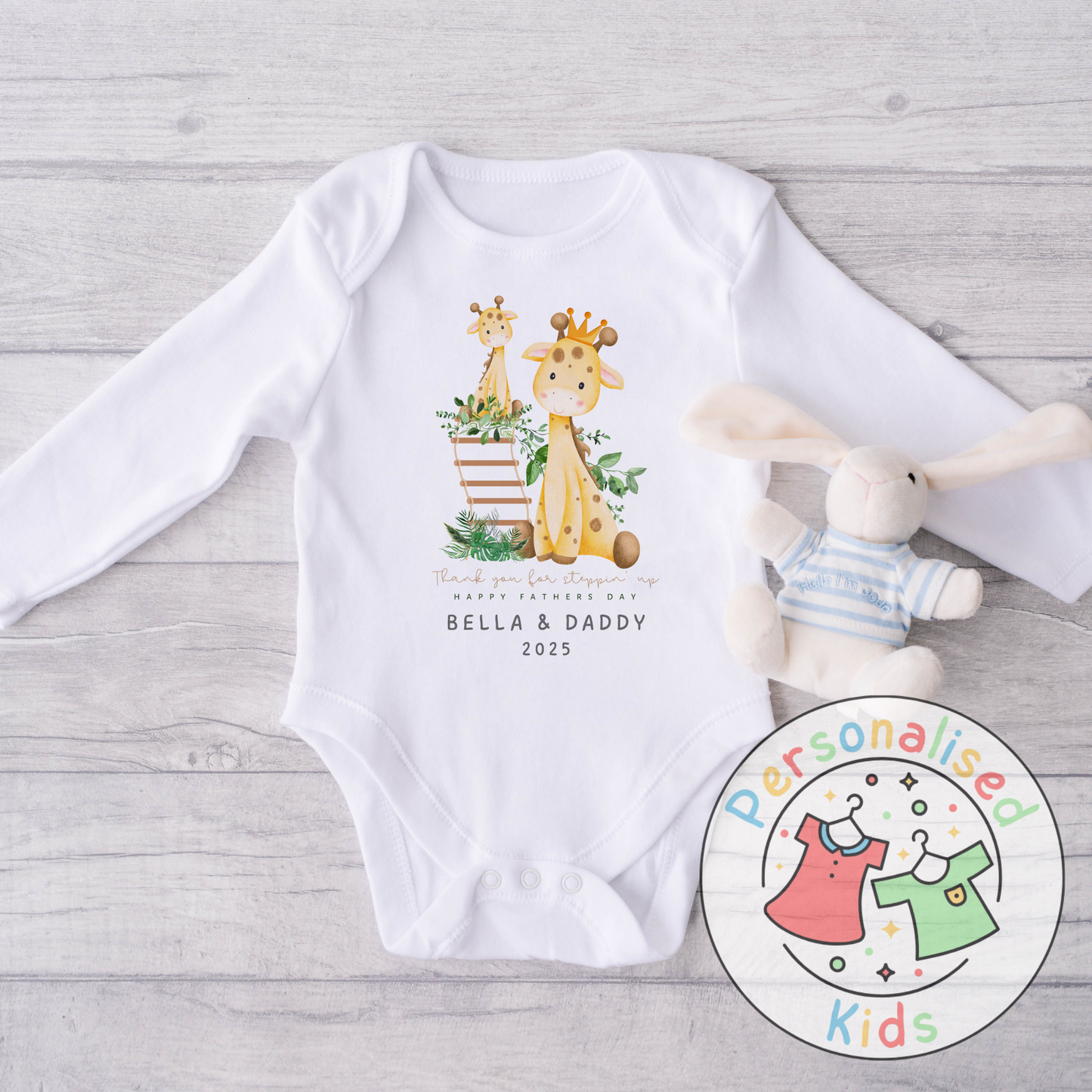 Personalised Father’s Baby Grow – “Thank You for Stepping Up” Giraffe Design