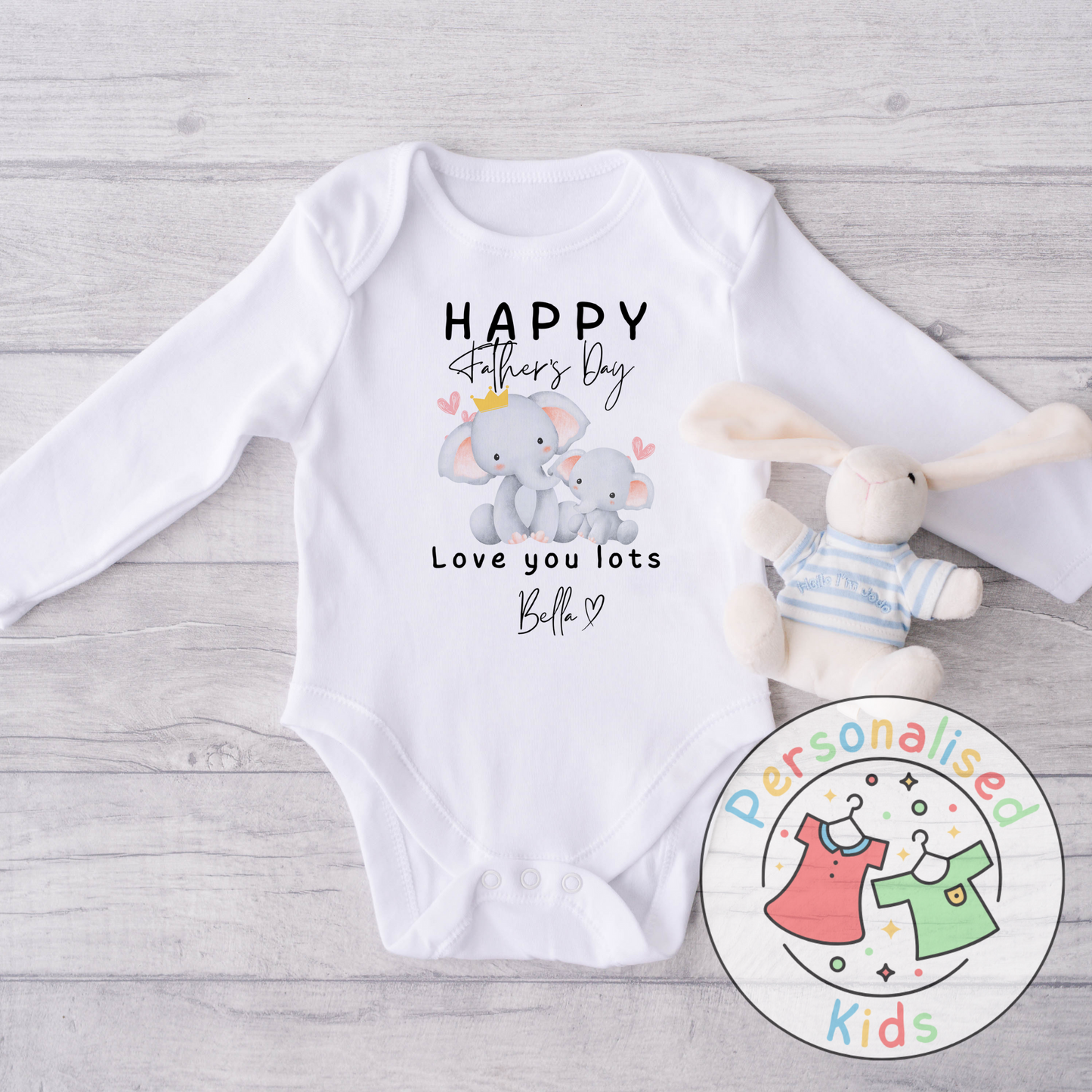 Personalised Father’s Day Baby Grow – Elephant “Happy Father’s Day” Design