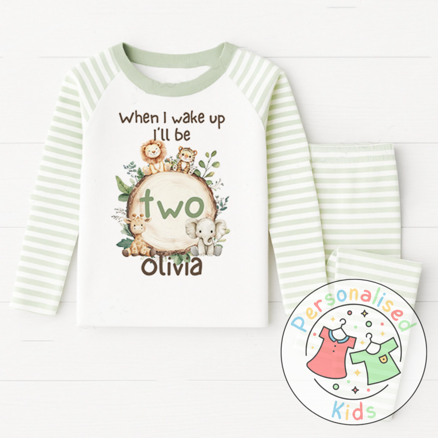 Personalised Safari Animals Birthday Pyjamas – “When I Wake Up I Will Be” Design