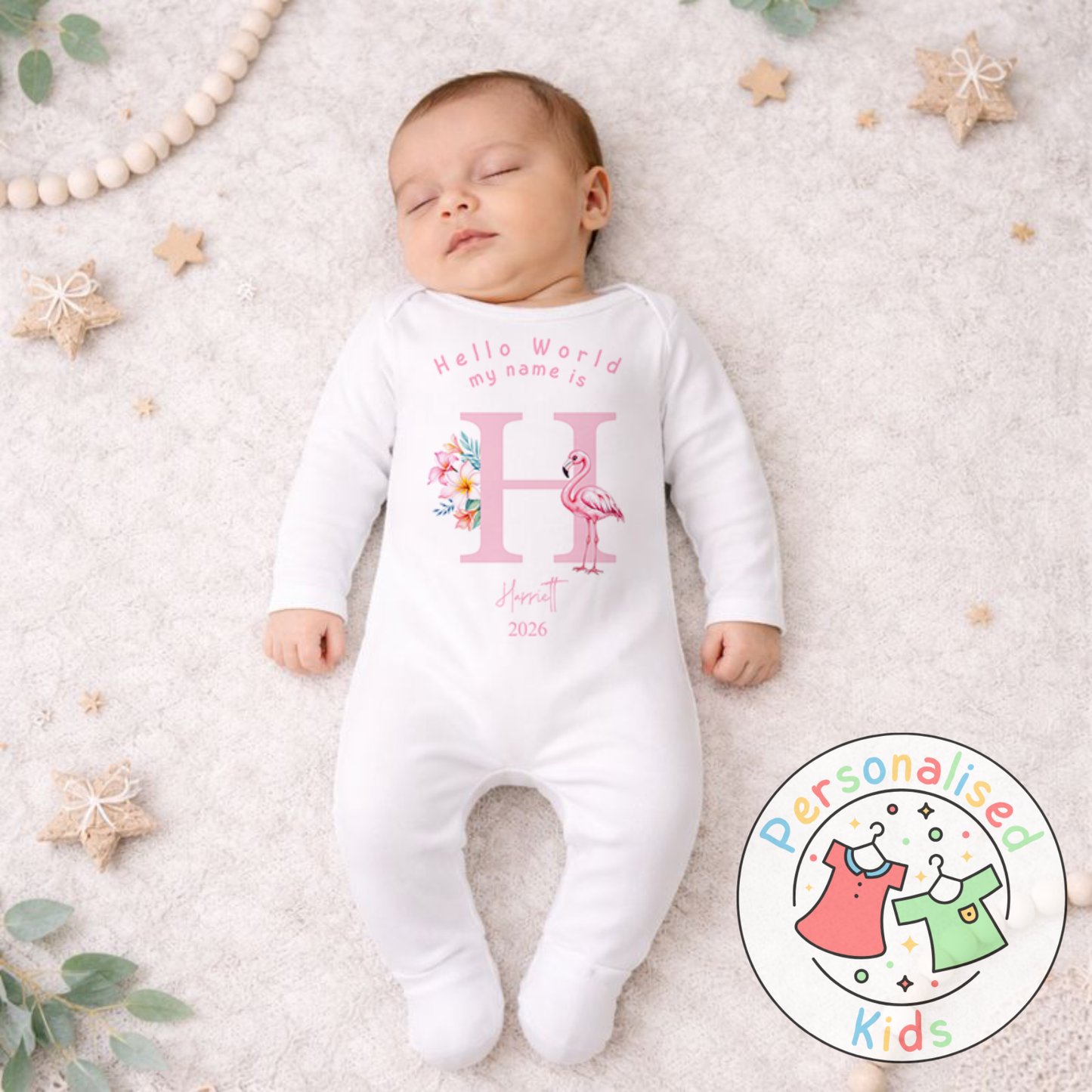 Personalised Hello World Pink Flamingo Baby Outfit PF001