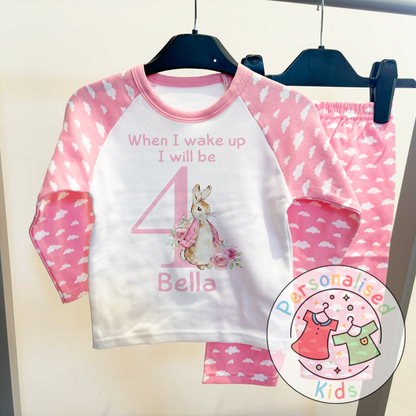 🐰 Personalised "When I Wake Up, I Will Be" Pink Floppy Rabbit Birthday Pyjamas – Custom Age & Name 🎈