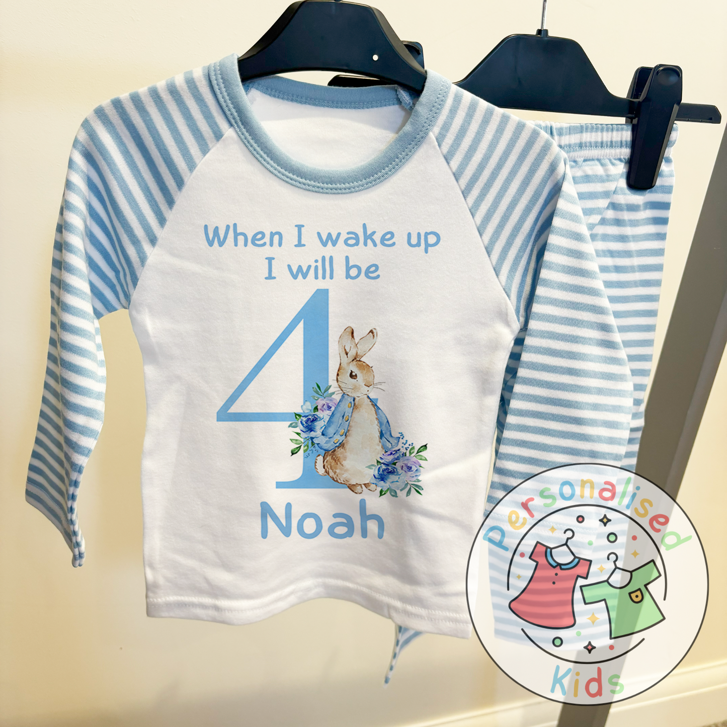 🐰 Personalised "When I Wake Up, I Will Be" Blue Floppy Rabbit Birthday Pyjamas – Custom Age & Name 🎈