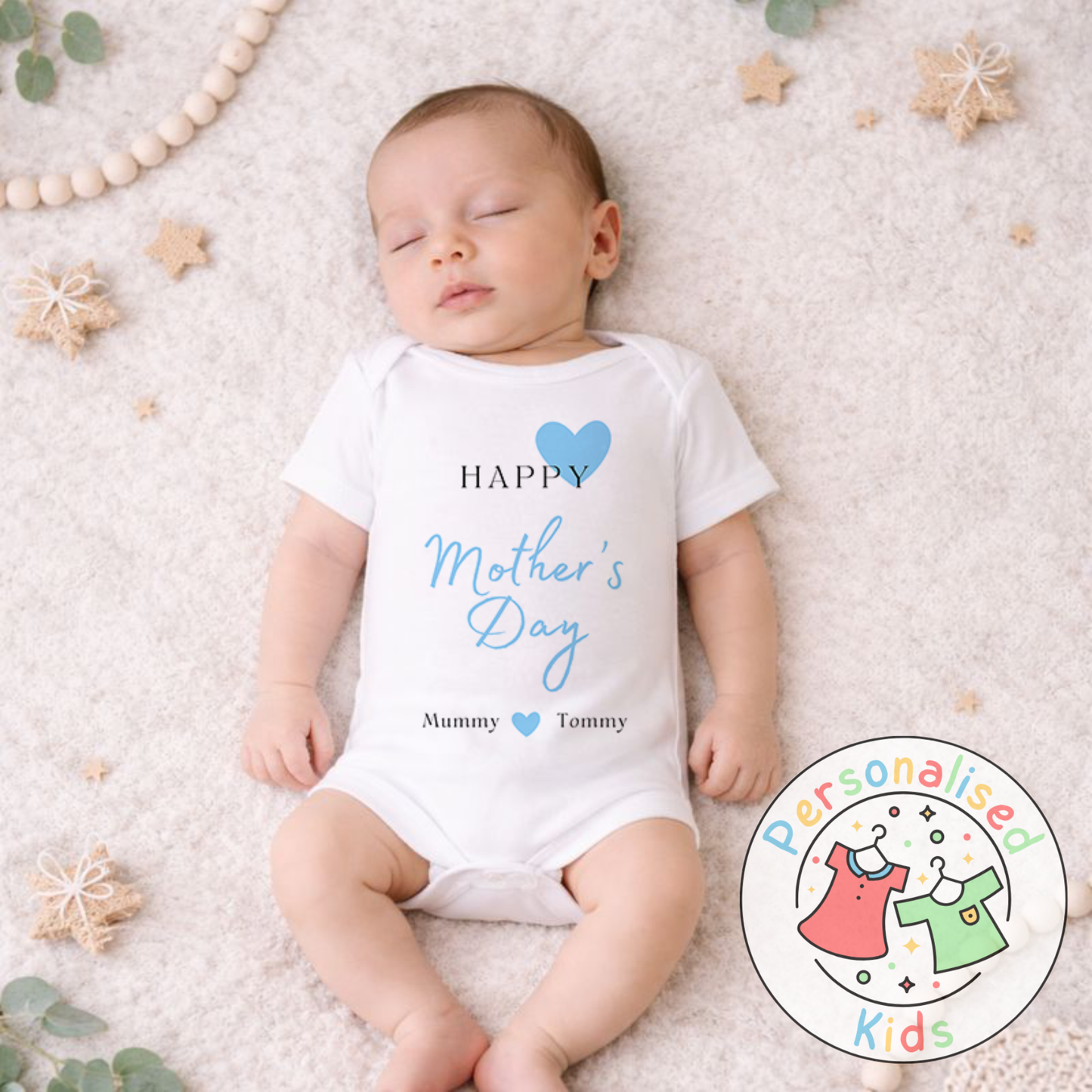 Personalised Mother’s Day Baby Outfit | Blue Heart Design | Baby Grow, Long Sleeve or Romper MD002