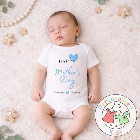Personalised Mother’s Day Baby Outfit | Blue Heart Design | Baby Grow, Long Sleeve or Romper MD002