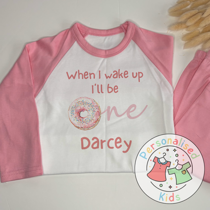 Personalised Donut First Birthday Pyjamas – “When I Wake Up, I’ll Be One” Design