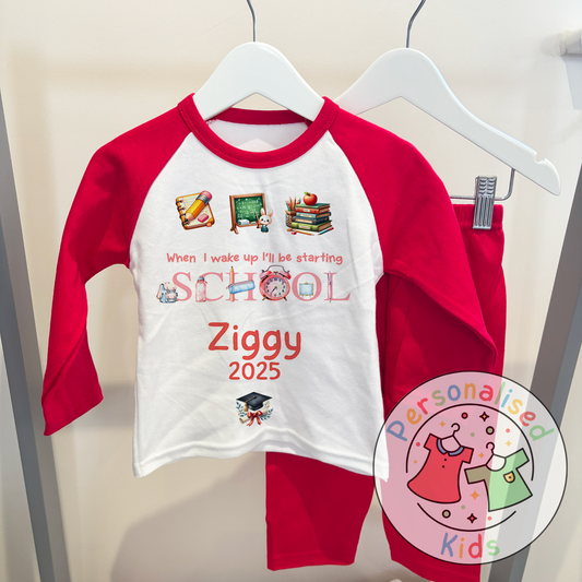 Personalised “When I Wake Up I Will Be Starting School” Pyjamas – Red Stationery Theme