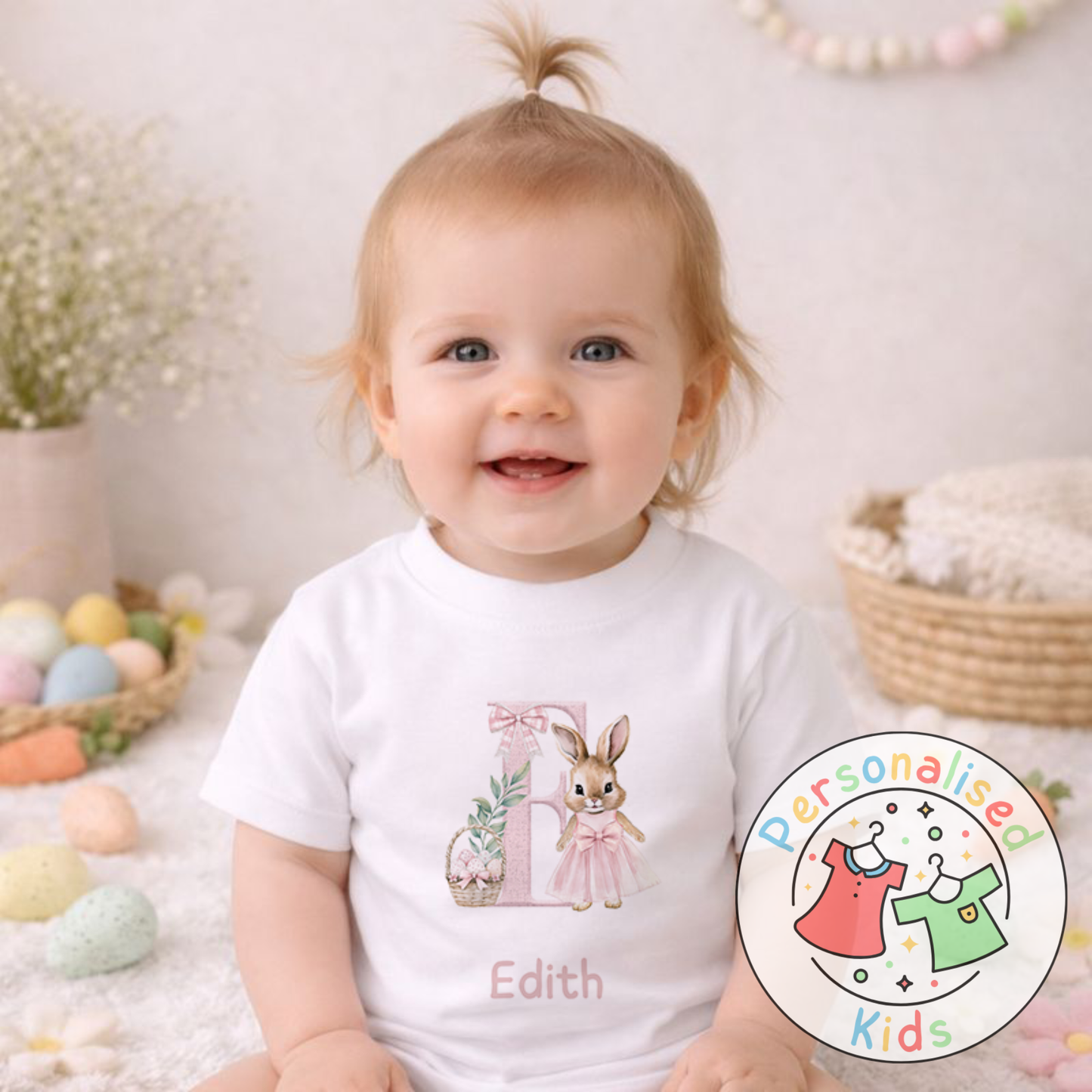 Personalised Bunny Initial T-Shirt (Custom Name) | White Tee 6–12m to 5–6y | Easter & Spring PE001