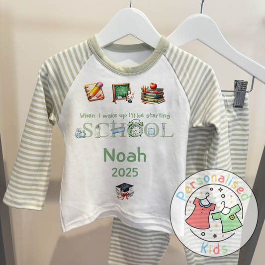 Personalised “When I Wake Up I Will Be Starting School” Pyjamas – Green Stationery Theme