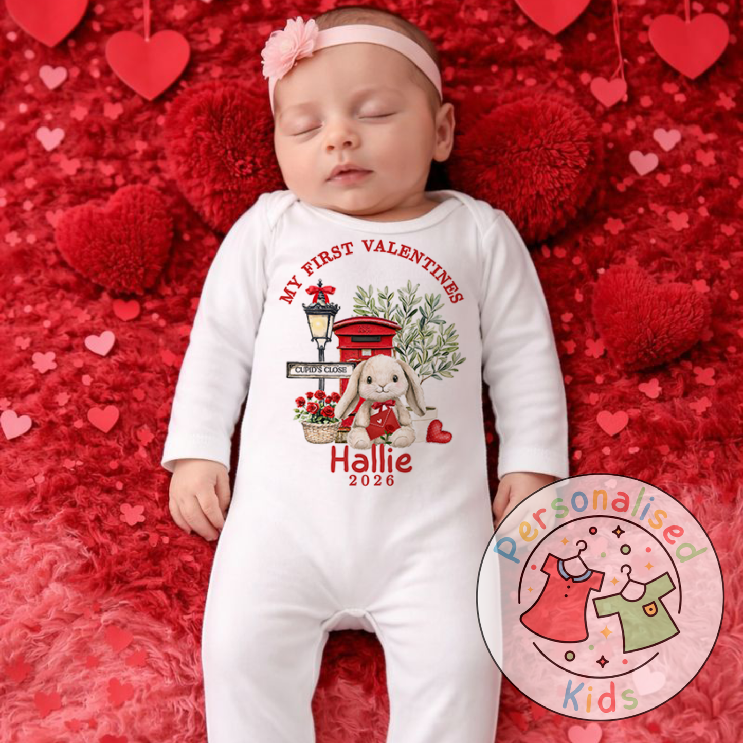 Personalised “My First Valentines” Baby Grow, Long-Sleeved Bodysuit and Romper V017