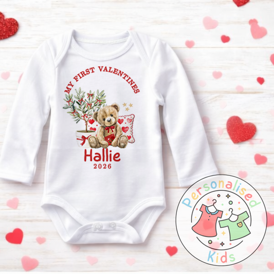 Personalised “My First Valentines” Baby Grow, T-Shirt, Long-Sleeved Bodysuit and Romper V019
