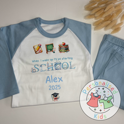 Personalised “When I Wake Up I Will Be Starting School” Pyjamas – Blue Stationery Theme