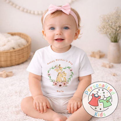 Personalised Mother’s Day Kids T-Shirt | Giraffe Floral Wreath | Custom Name MD005