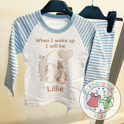 🐰 Personalised "When I Wake Up, I Will Be" Neutral Floppy Rabbit Birthday Pyjamas – Custom Age & Name 🎈