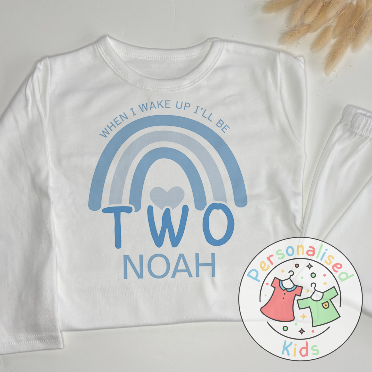 Personalised Blue Rainbow Birthday Pyjamas – “When I Wake Up, I Will Be” Design