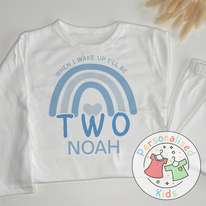Personalised Blue Rainbow Birthday Pyjamas – “When I Wake Up, I Will Be” Design