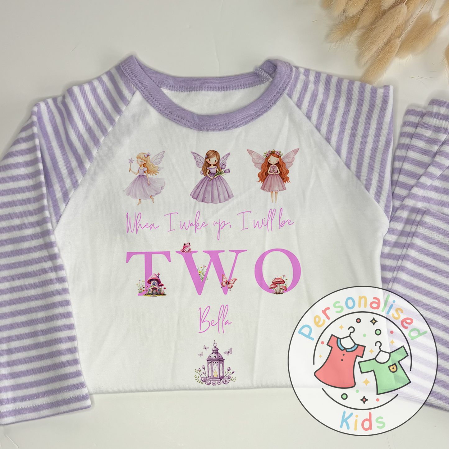 Personalised Fairy Birthday Pyjamas – “When I Wake Up, I Will Be” Design - purple words