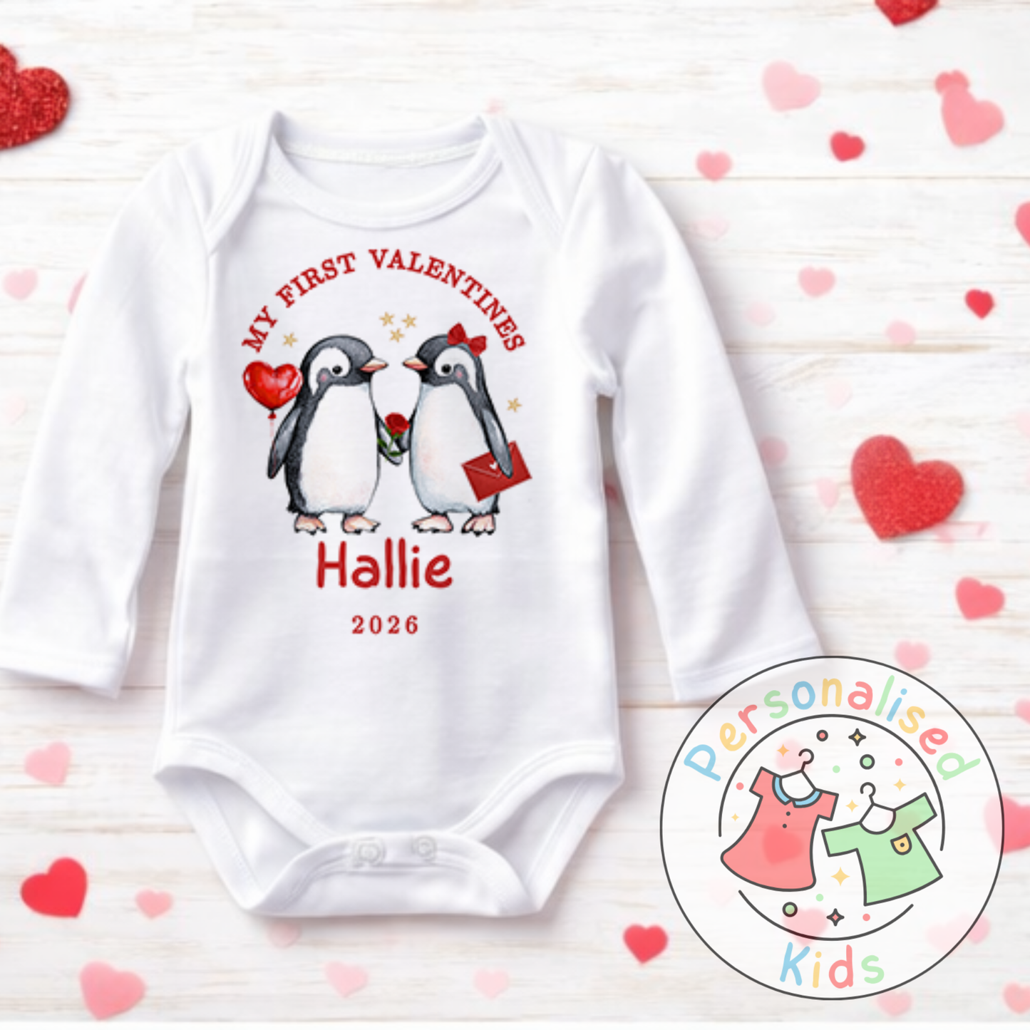 Personalised “My First Valentines” Baby Grow, T-Shirt, Long-Sleeved Bodysuit and Romper V022