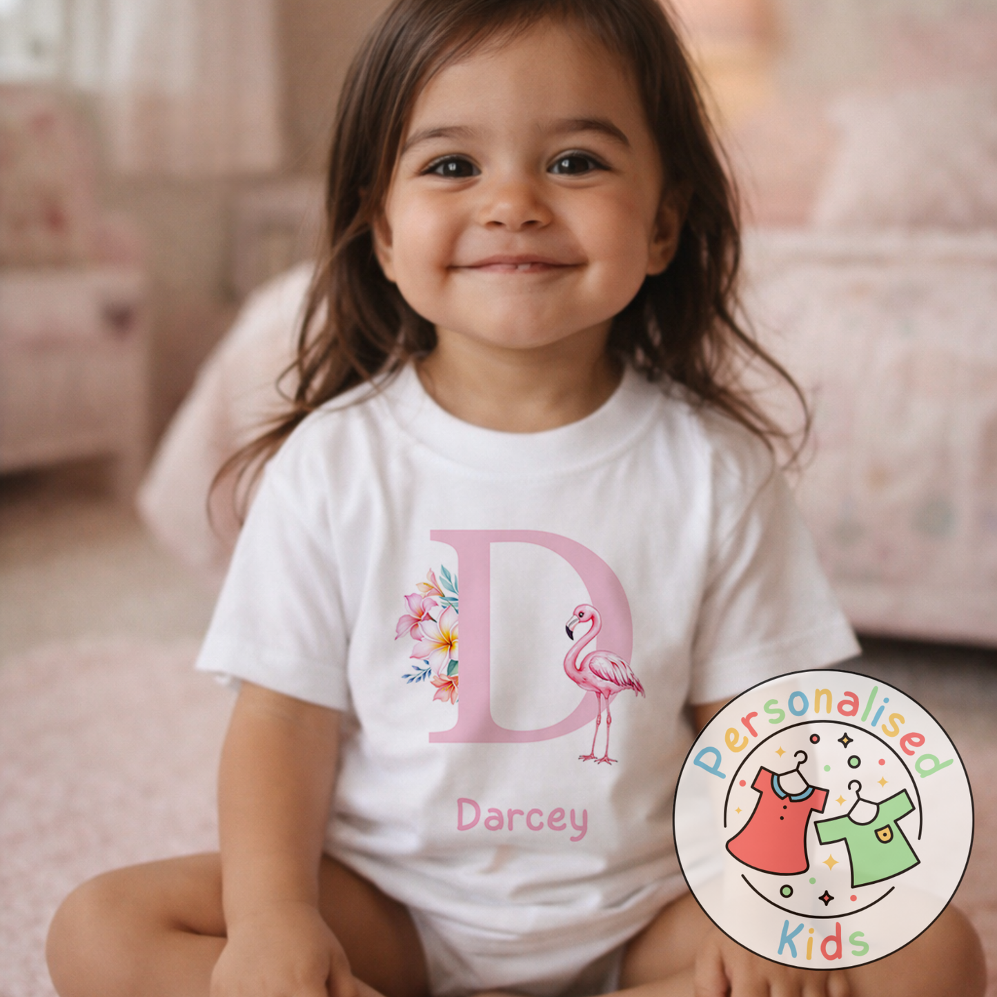 Personalised Pink Flamingo Initial Kids T-Shirt PF002