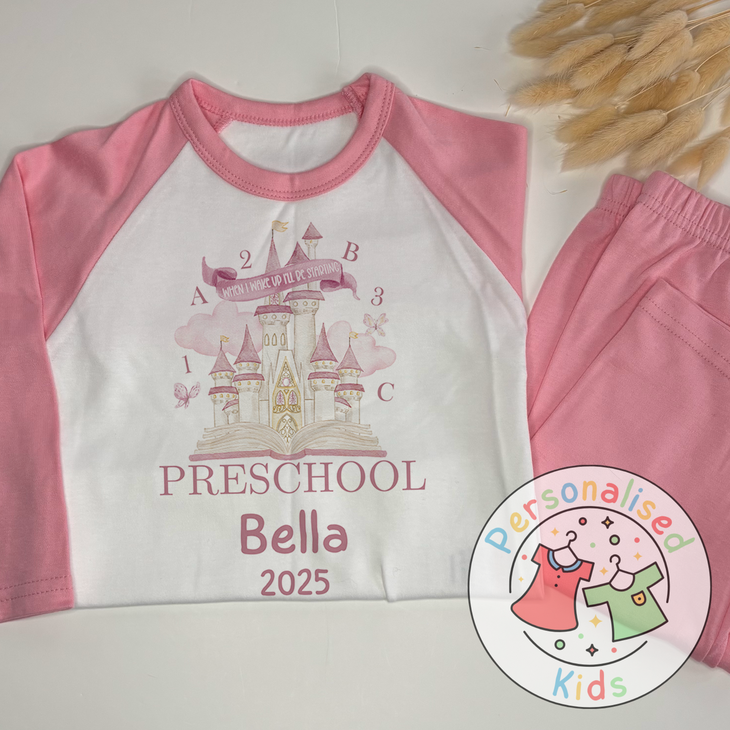 Personalised “When I Wake Up I Will Be Starting” Pyjamas – Fairy Castle & School Theme