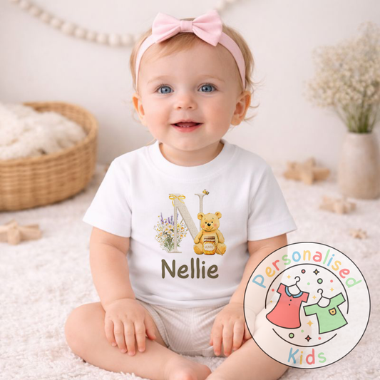 Personalised Honey Bear Initial Kids T-Shirt HB001