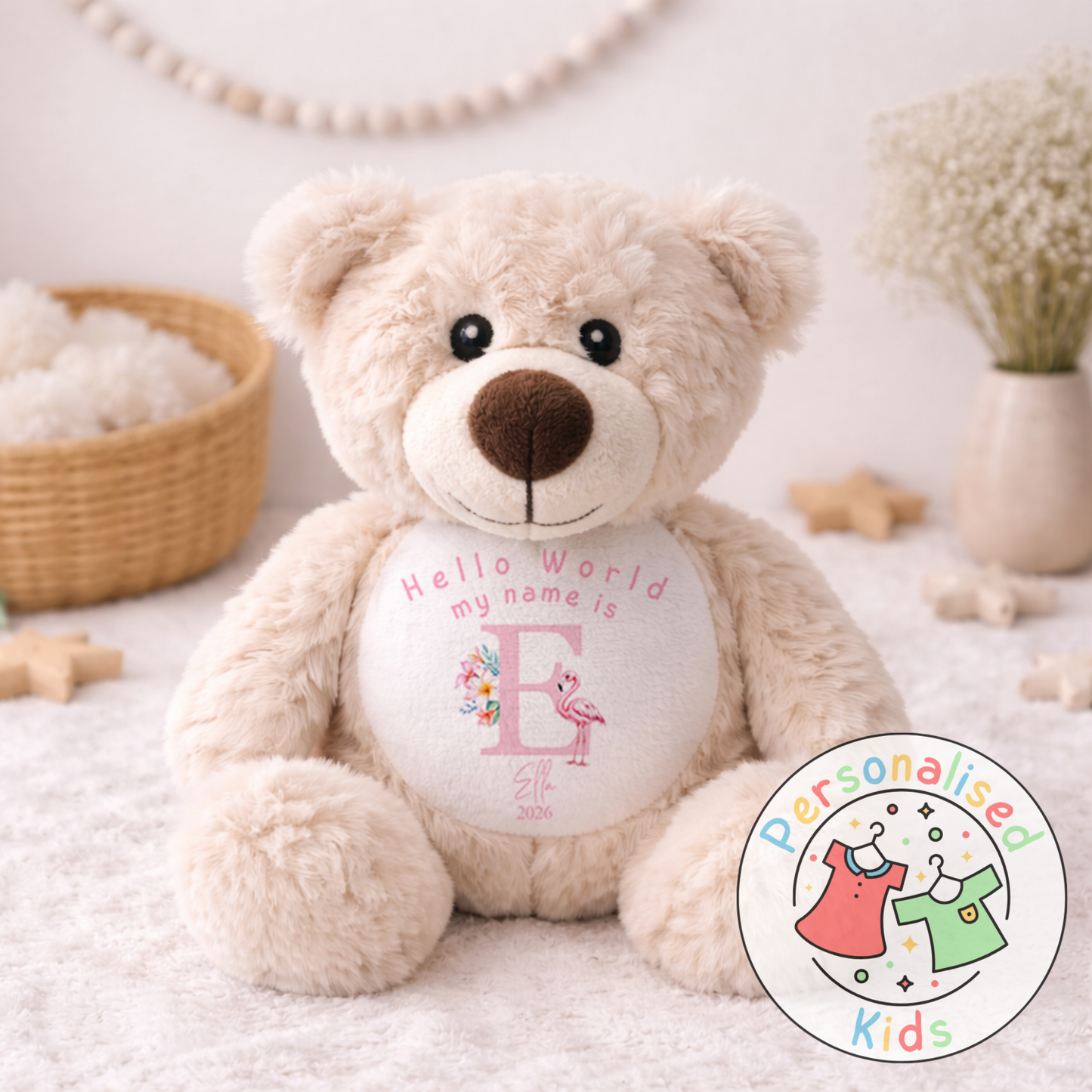 Personalised Pink Flamingo Teddy Bear - Custom Name & Initial Keepsake Gift PF003