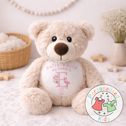 Personalised Pink Flamingo Teddy Bear - Custom Name & Initial Keepsake Gift PF003