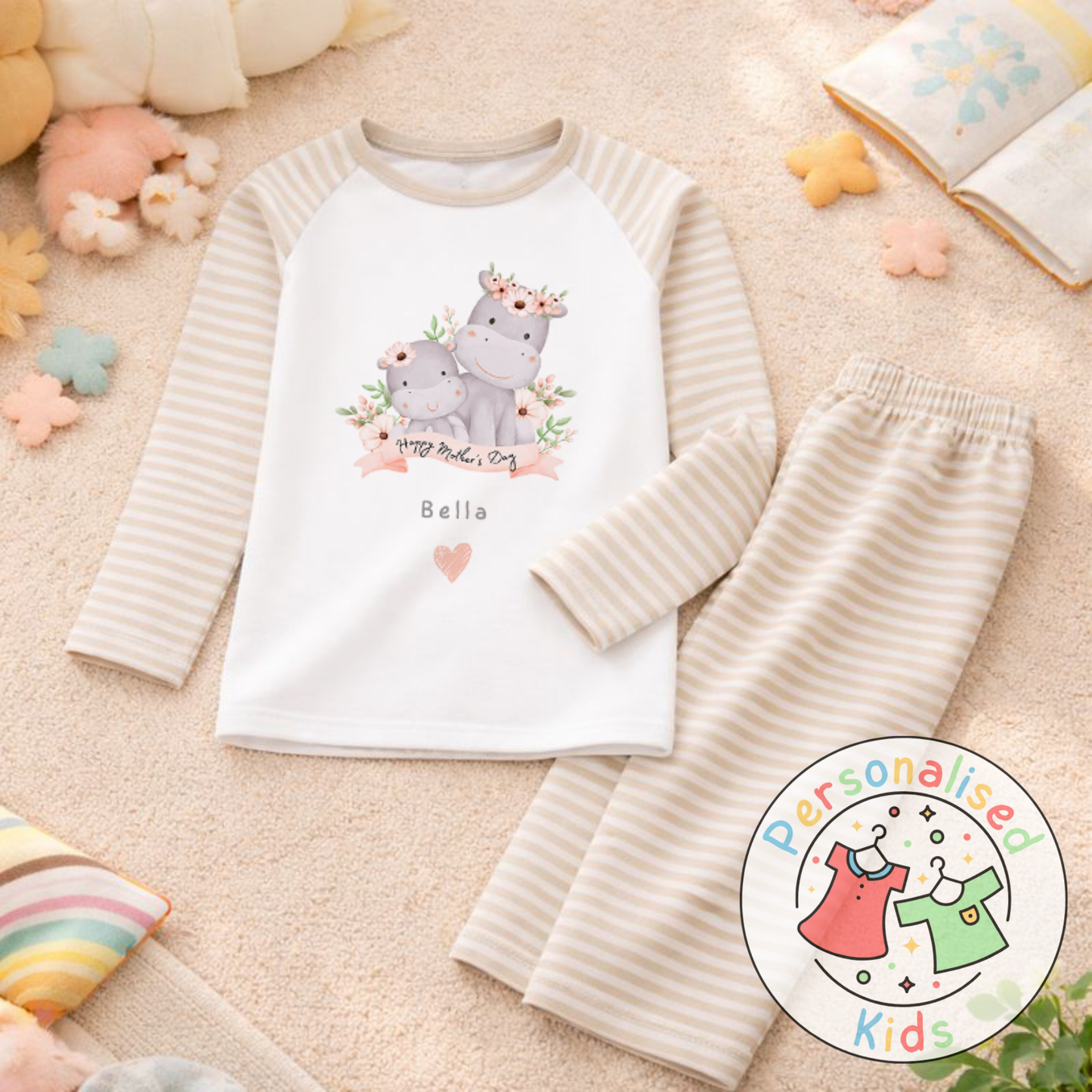 Personalised Mother’s Day Kids Pyjamas – Mummy & Baby Hippo MD006