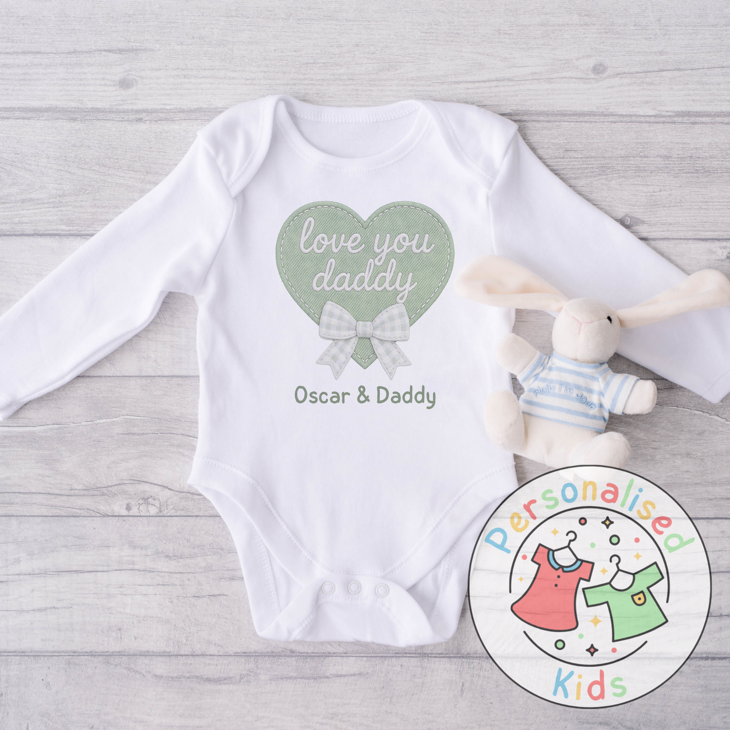 Personalised Father’s Day Baby Grow – “Love You Daddy” Embroidered-Style Heart Design