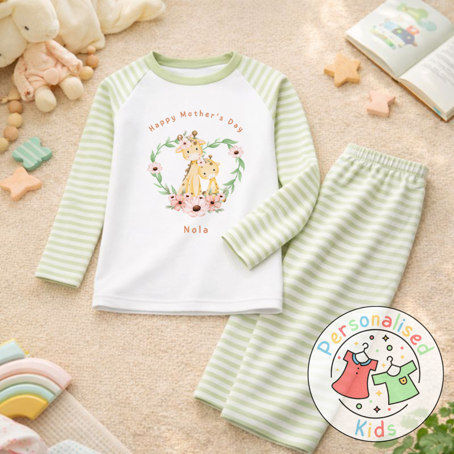Personalised Mother’s Day Kids Pyjamas – Floral Giraffe | Custom Name | MD005
