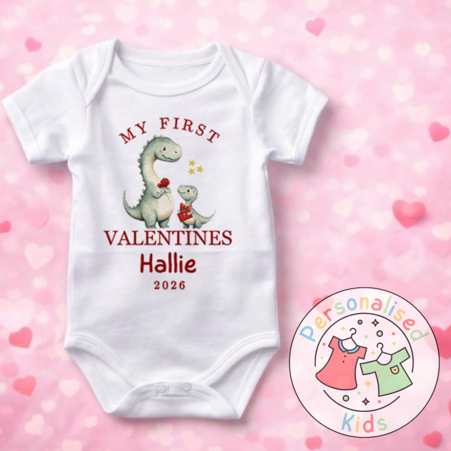 Personalised “My First Valentines” Baby Grow, T-Shirt, Long-Sleeved Bodysuit and Romper V024