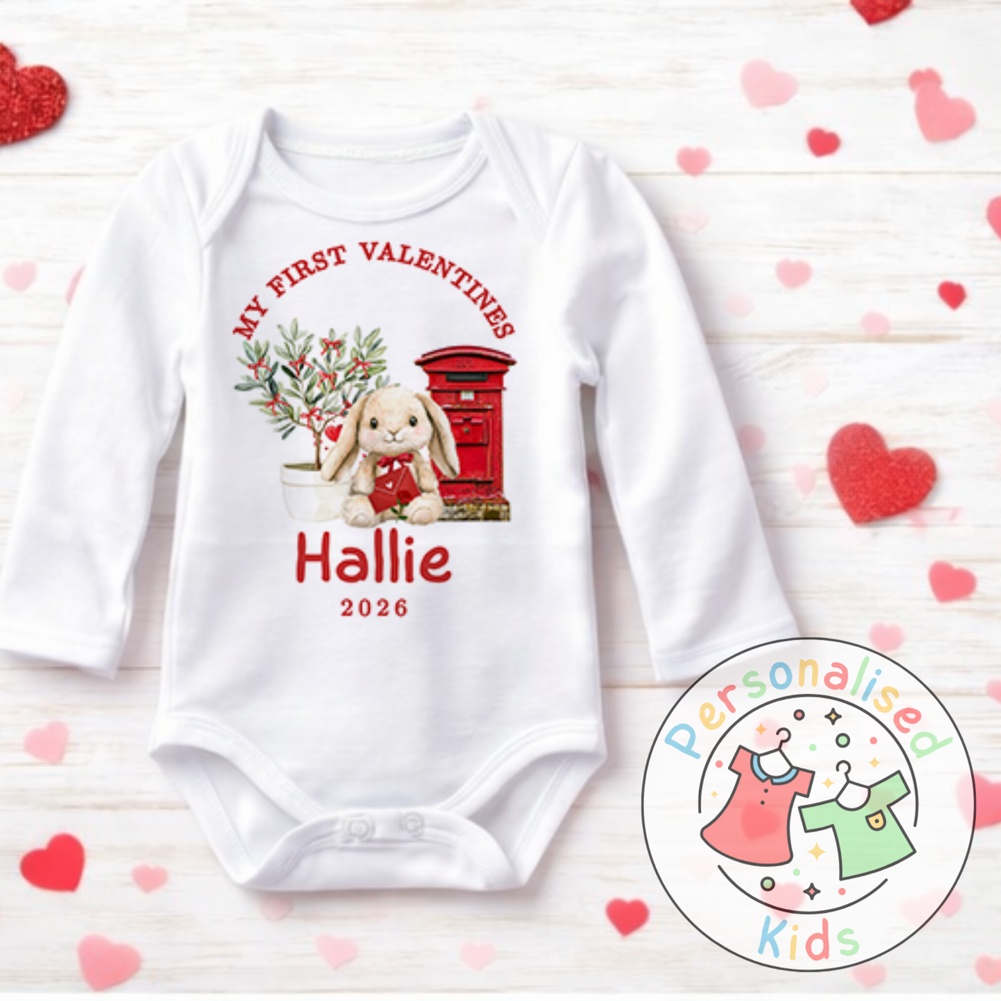 Personalised “My First Valentines” Baby Grow, T-Shirt, Long-Sleeved Bodysuit and Romper V023