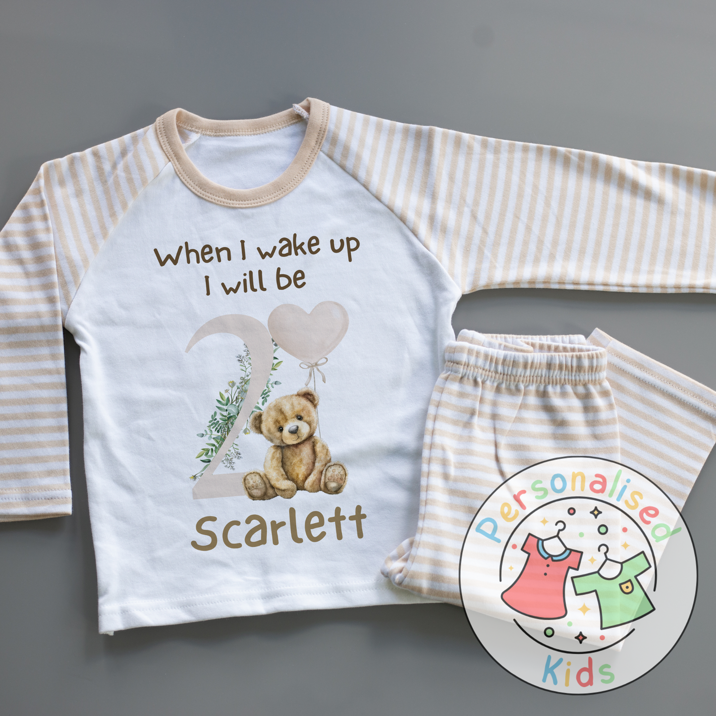 🧸 Personalised "When I Wake Up, I Will Be" Teddy Bear Birthday Pyjamas – Neutral Balloon Design 🎈
