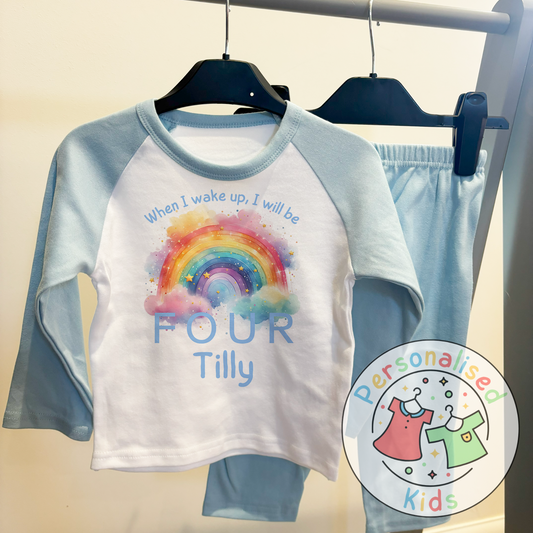 🌈 Personalised Colorful Rainbow "When I Wake Up I Will Be" Birthday Pyjamas – Custom Age & Name 🌟
