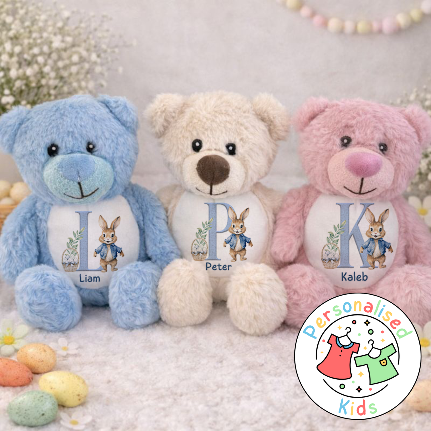 Personalised Easter Teddy Bear - Blue Bunny Initial Design BE003