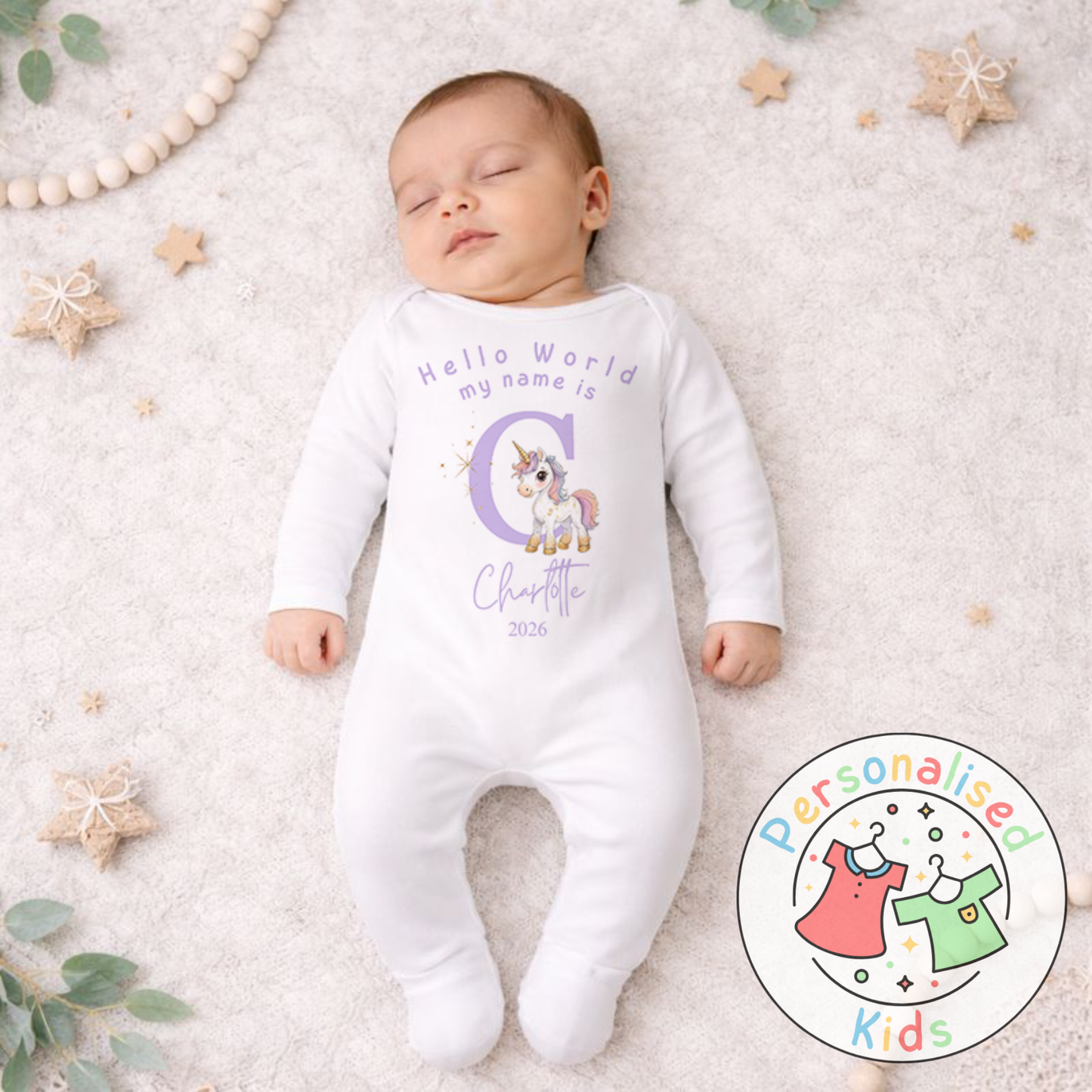 Personalised Hello World Purple Unicorn Baby Outfit PU001