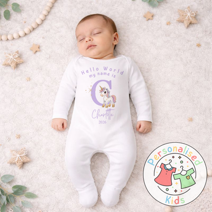 Personalised Hello World Purple Unicorn Baby Outfit PU001