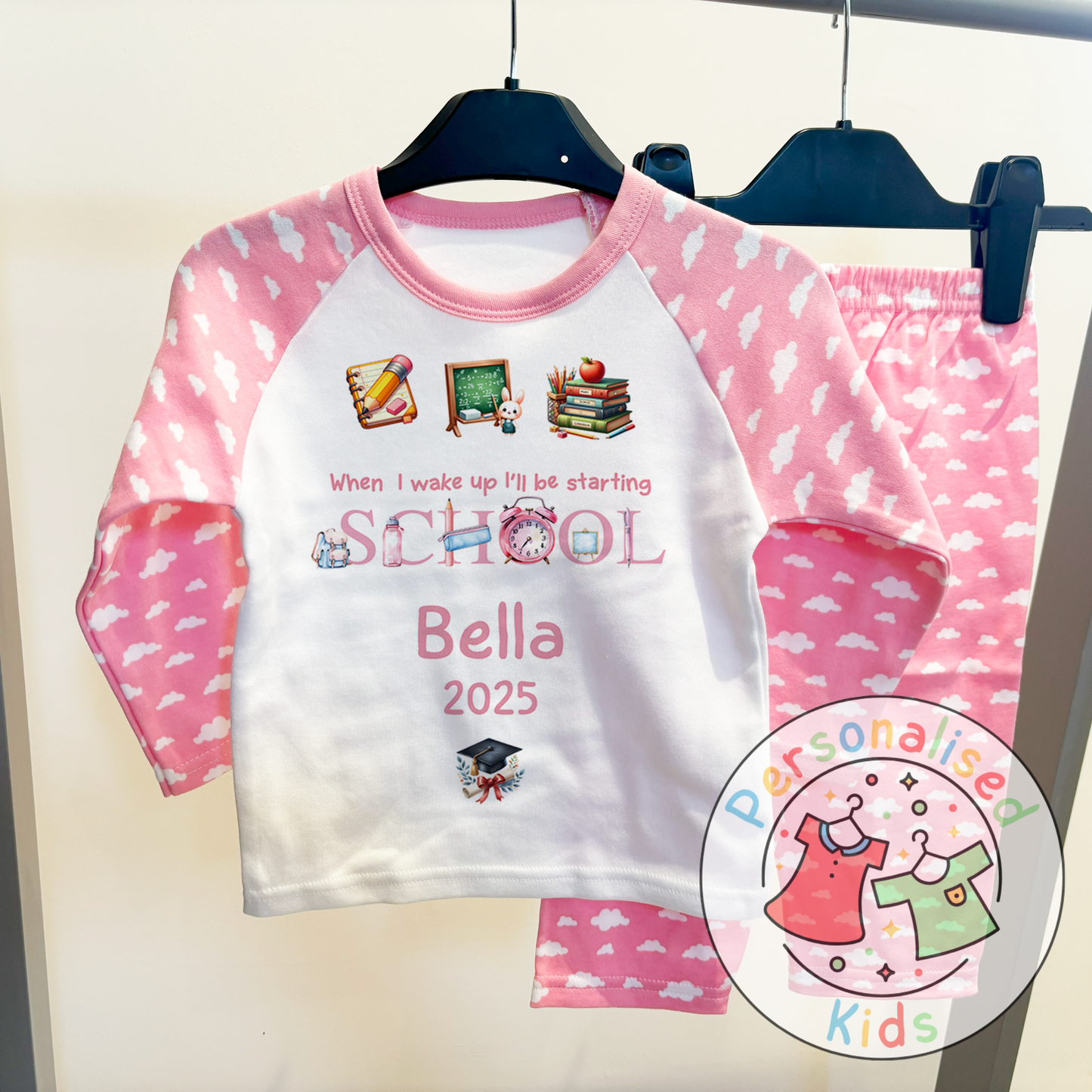 Personalised “When I Wake Up I Will Be Starting School” Pyjamas – Pink Stationery Theme