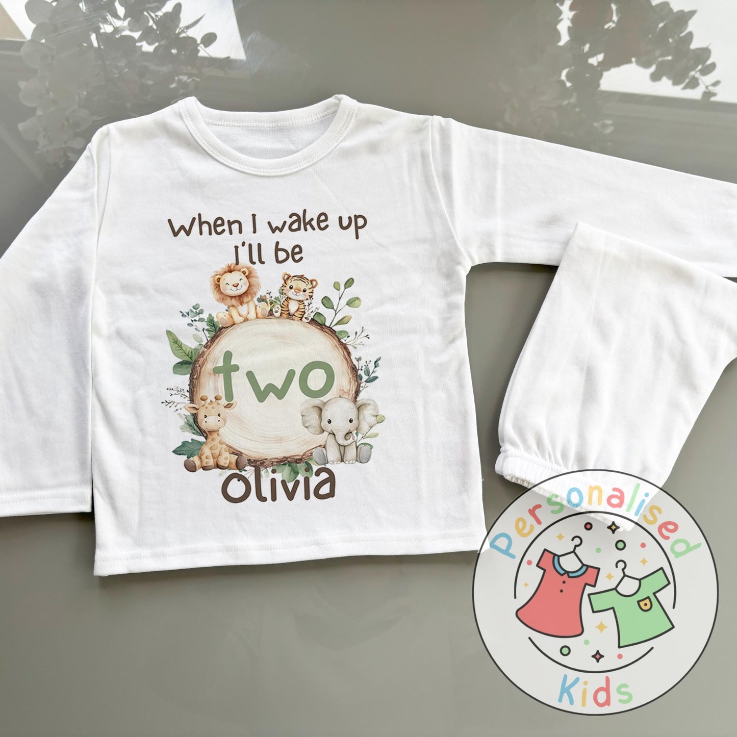 Personalised Safari Animals Birthday Pyjamas – “When I Wake Up I Will Be” Design