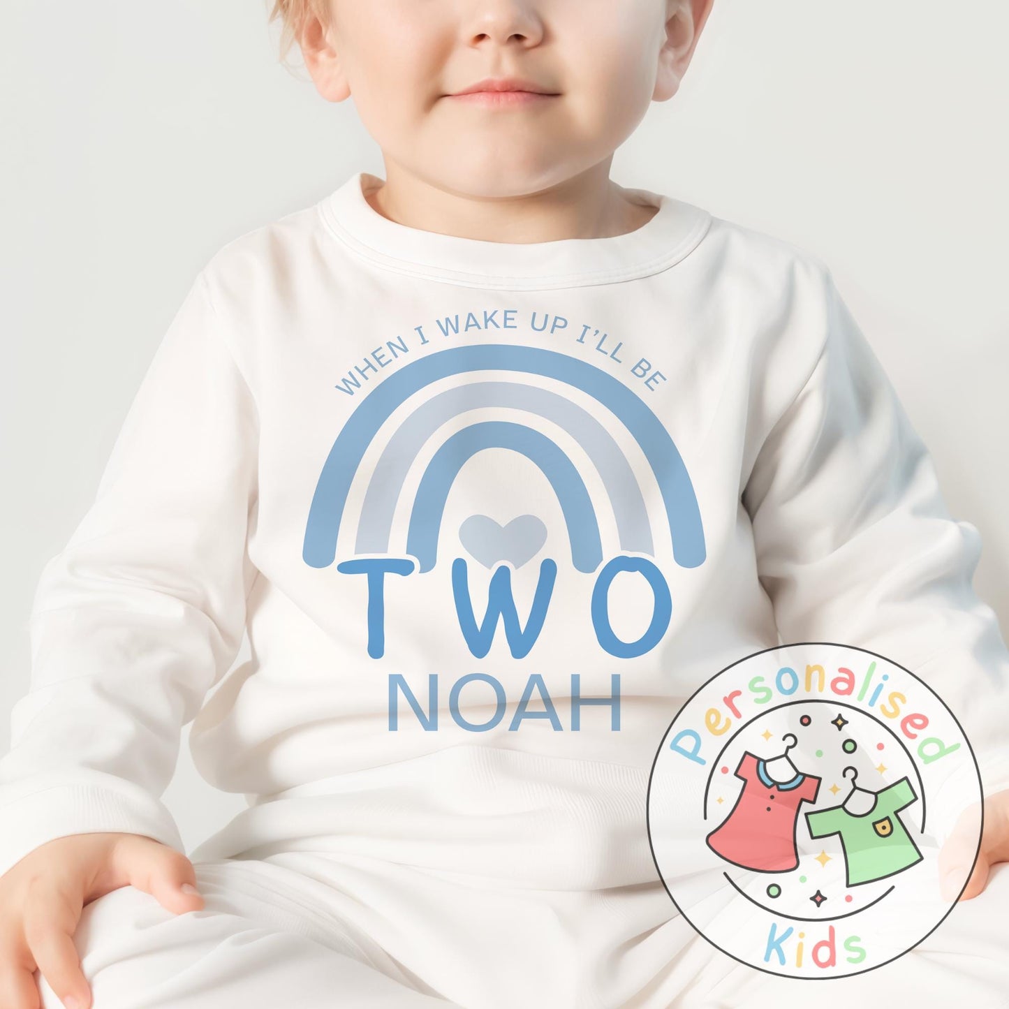 Personalised Blue Rainbow Birthday Pyjamas – “When I Wake Up, I Will Be” Design