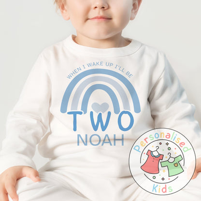 Personalised Blue Rainbow Birthday Pyjamas – “When I Wake Up, I Will Be” Design