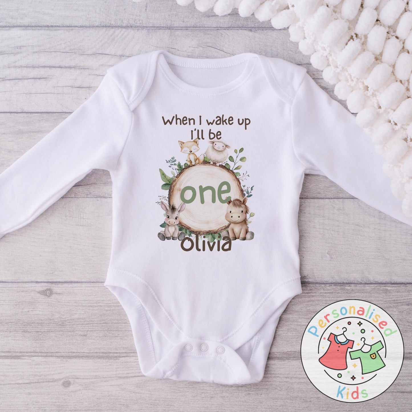 🦊🐴 Personalised "When I Wake Up, I Will Be" Woodland Animal Birthday Baby Grow, Bodysuit, or Sleepsuit 🐑🐴
