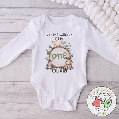🦊🐴 Personalised "When I Wake Up, I Will Be" Woodland Animal Birthday Baby Grow, Bodysuit, or Sleepsuit 🐑🐴