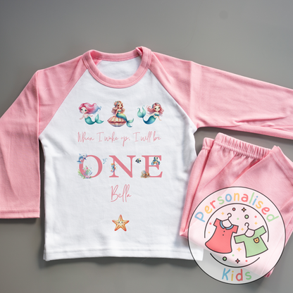 Personalised Mermaid Birthday Pyjamas – “When I Wake Up, I Will Be” Design PINK WORD