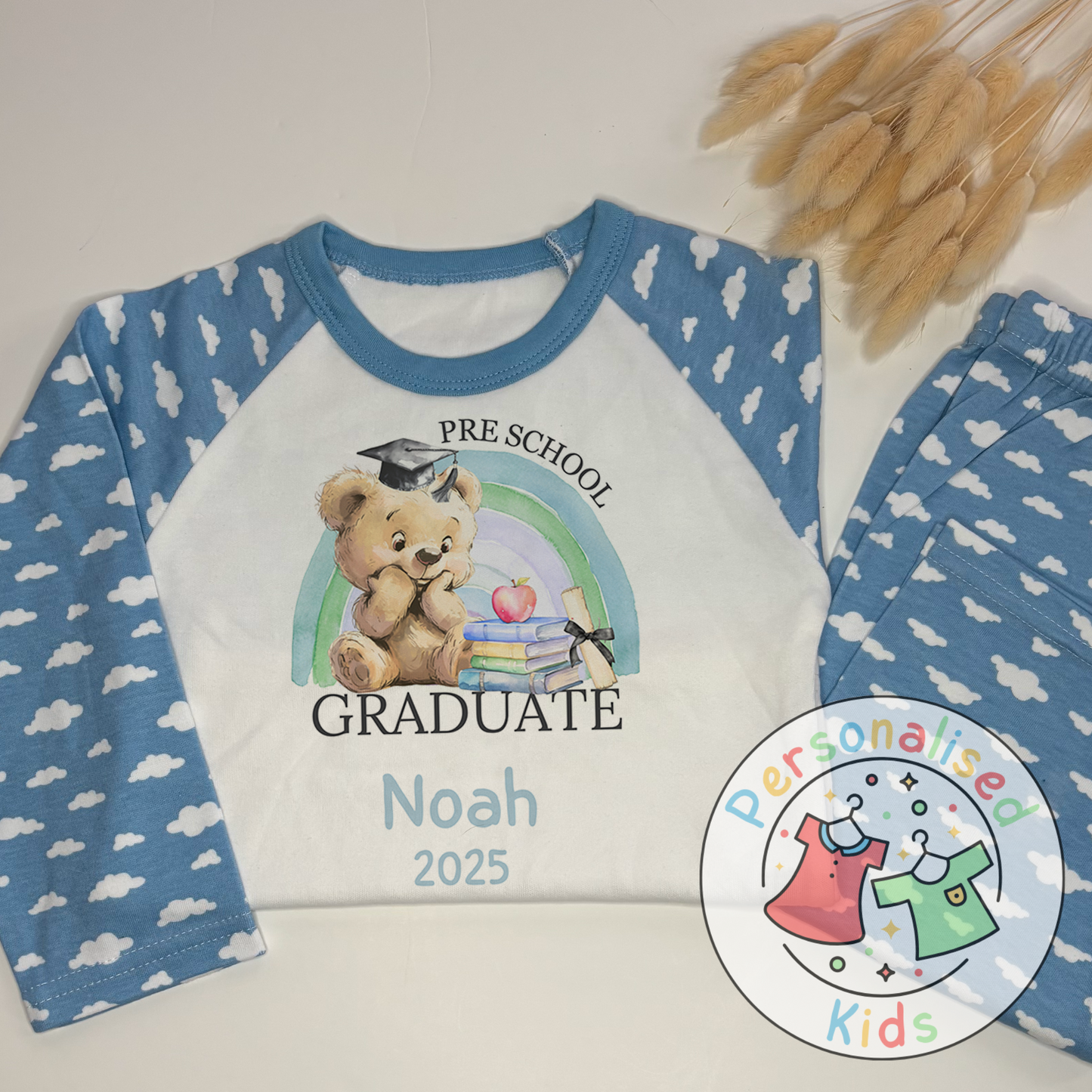 Personalised “GRADUATE” Pyjamas – Blue Rainbow & Bear Graduation Design