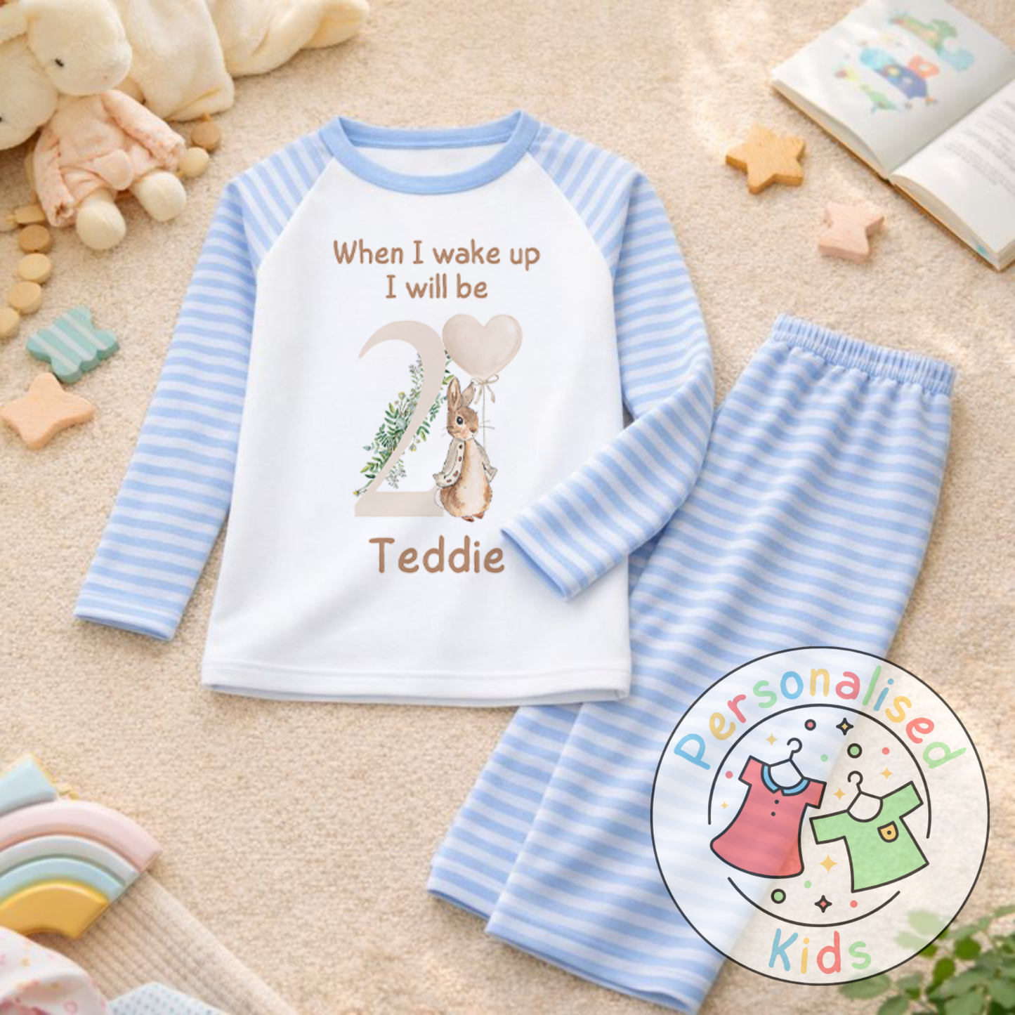 Personalised Neutral Floppy Rabbit Birthday Pyjamas