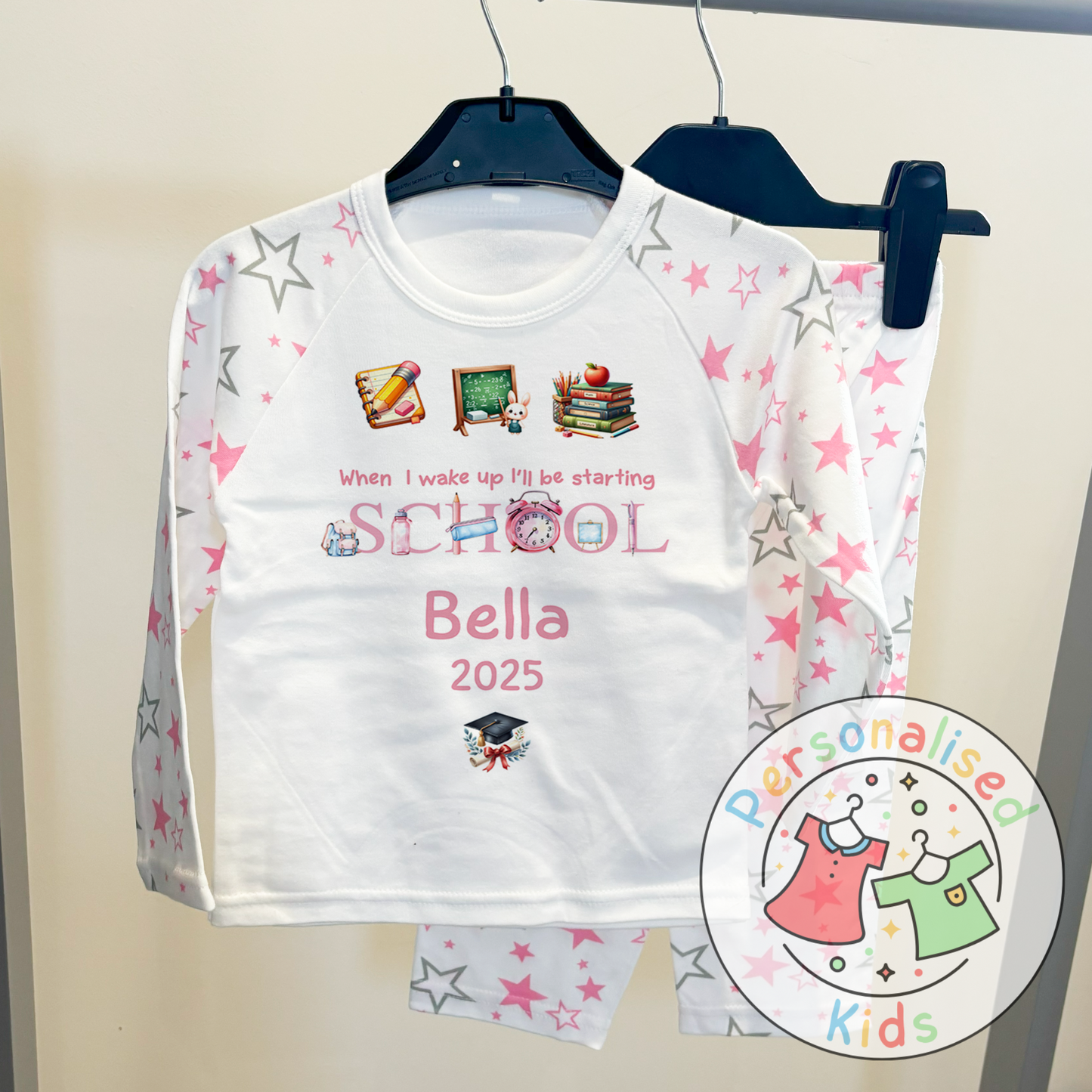 Personalised “When I Wake Up I Will Be Starting School” Pyjamas – Pink Stationery Theme
